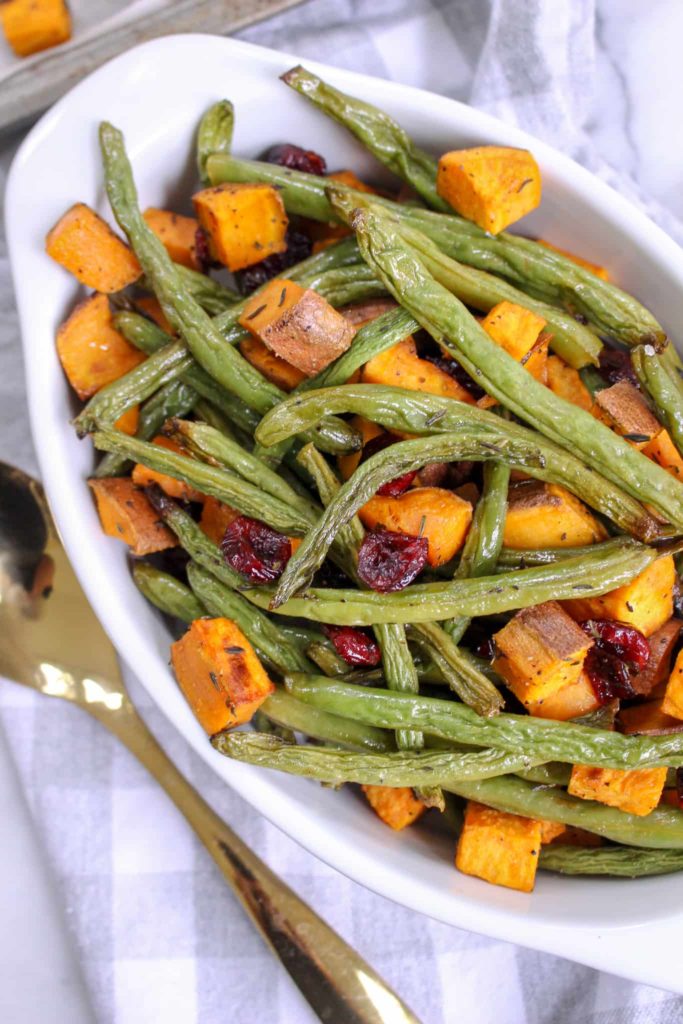 Roasted Green Beans and Sweet Potatoes with Dried Cranberries 