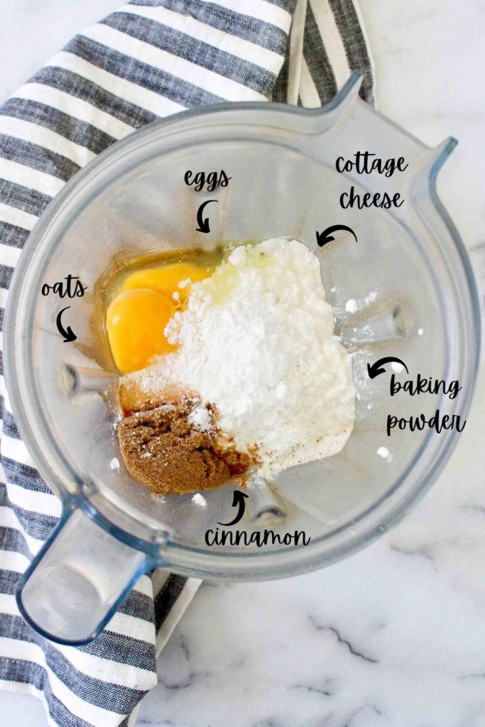 Ingredients in blender to make cottage cheese pancakes
