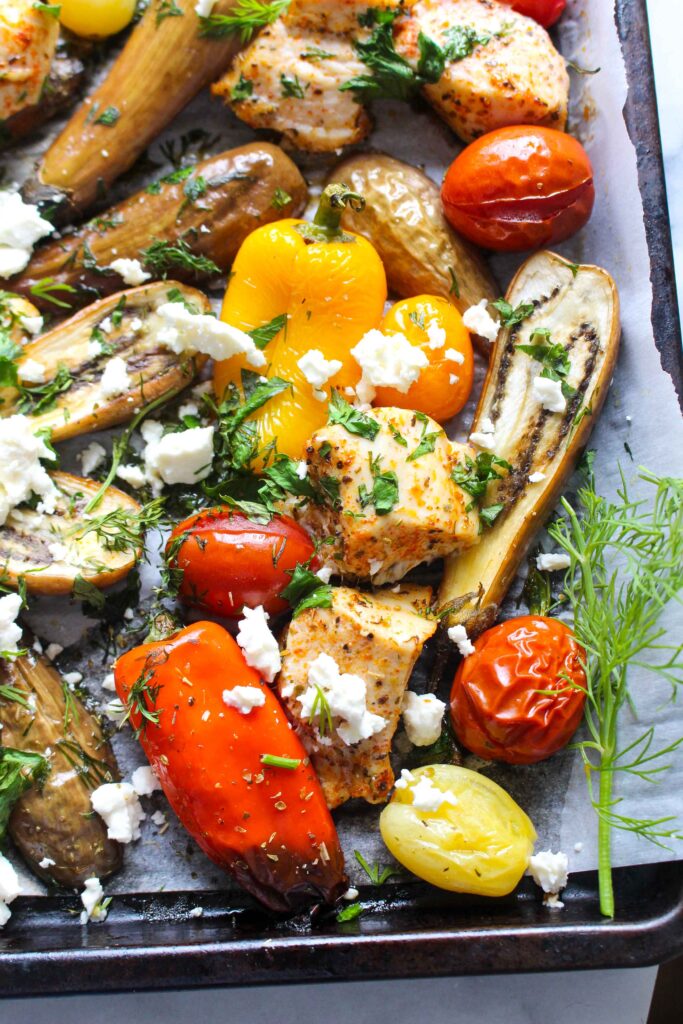 Mediterranean Sheet Pan Eggplant and Chicken