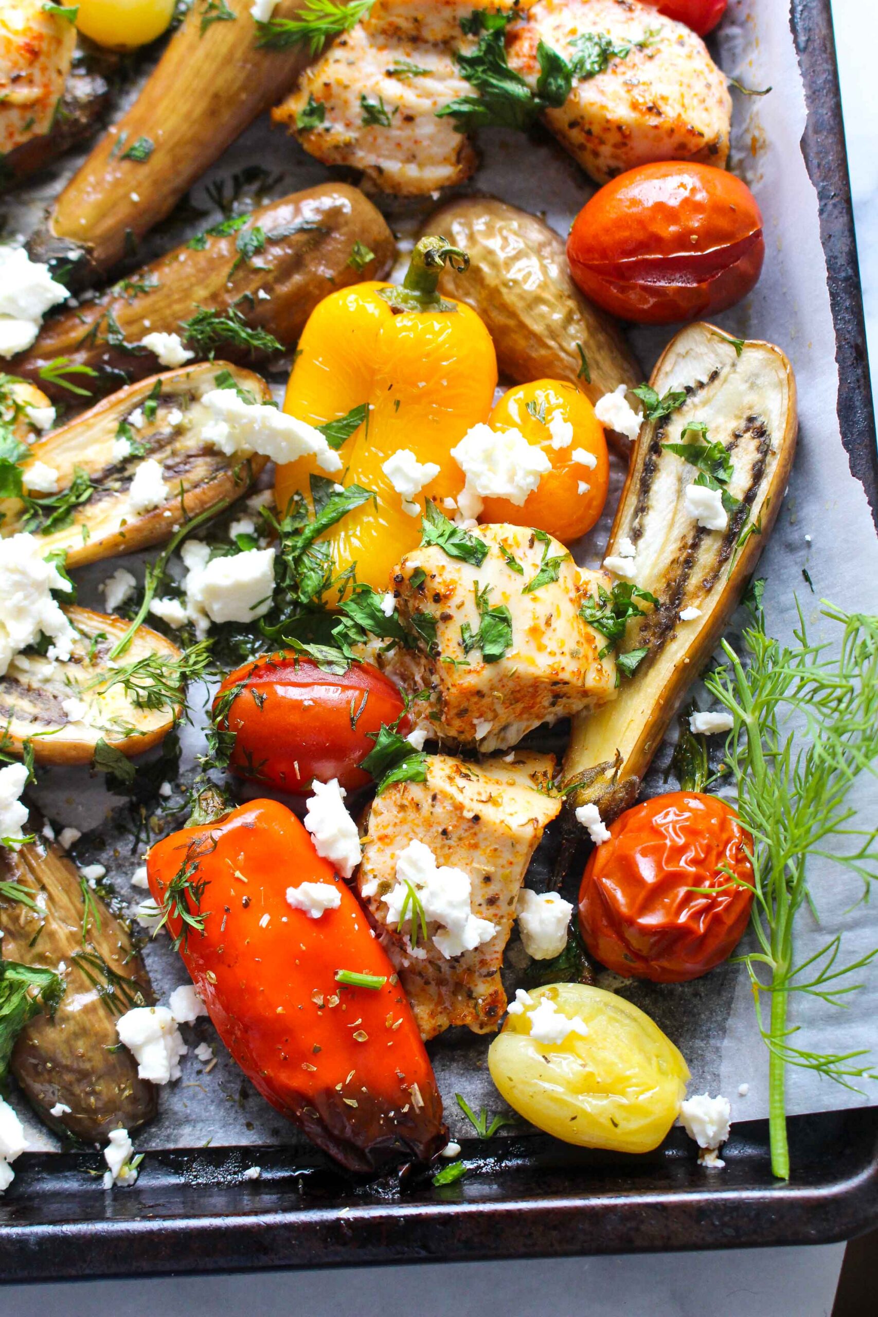 Mediterranean Sheet Pan Eggplant And Chicken Chelsey Amer