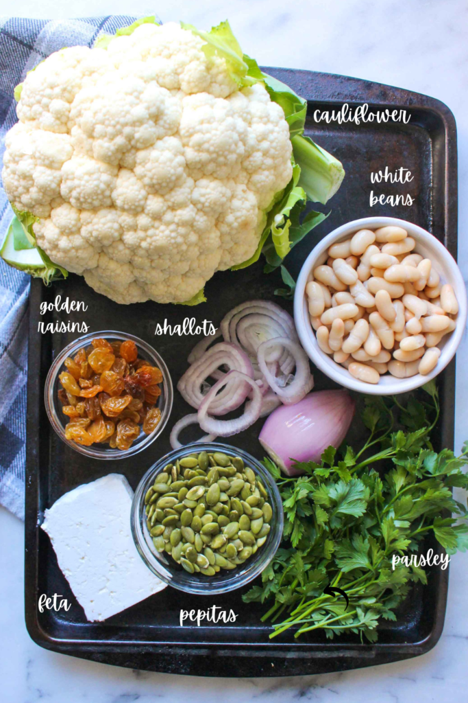 Ingredients to make Sheet Pan Roasted Spiced Cauliflower and Beans 