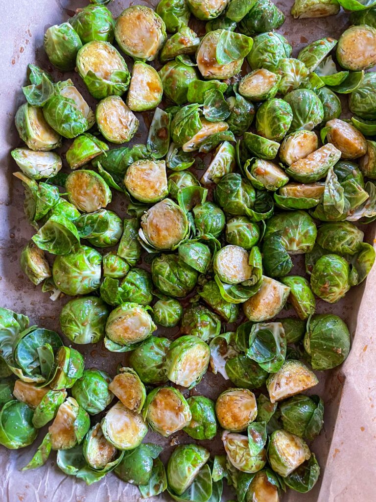 Maple Miso Brussels Sprouts before roasting