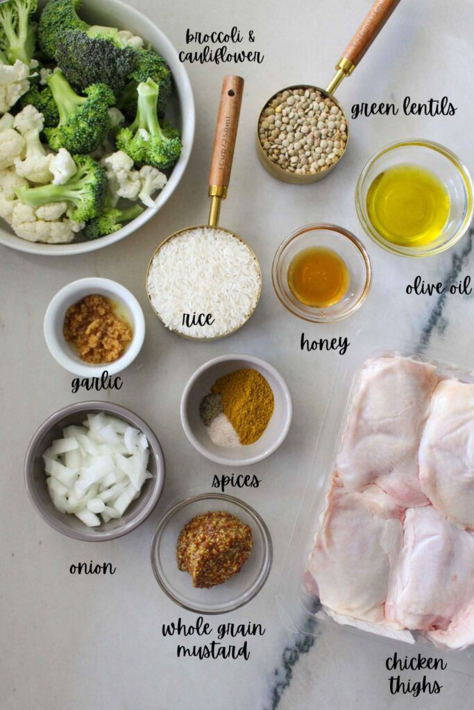 One Pan Honey Mustard Chicken Over Veggies and Rice Ingredients