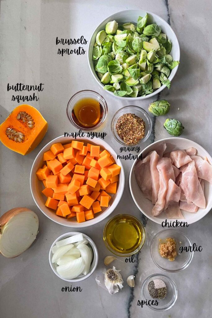 Ingredients to Make Sheet Pan Maple Dijon Chicken with Butternut Squash and Brussels Sprouts