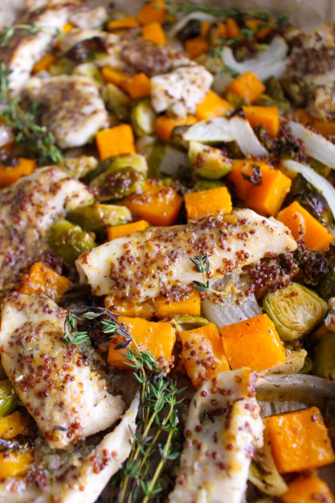 Sheet Pan Maple Dijon Chicken with Butternut Squash and Brussels Sprouts