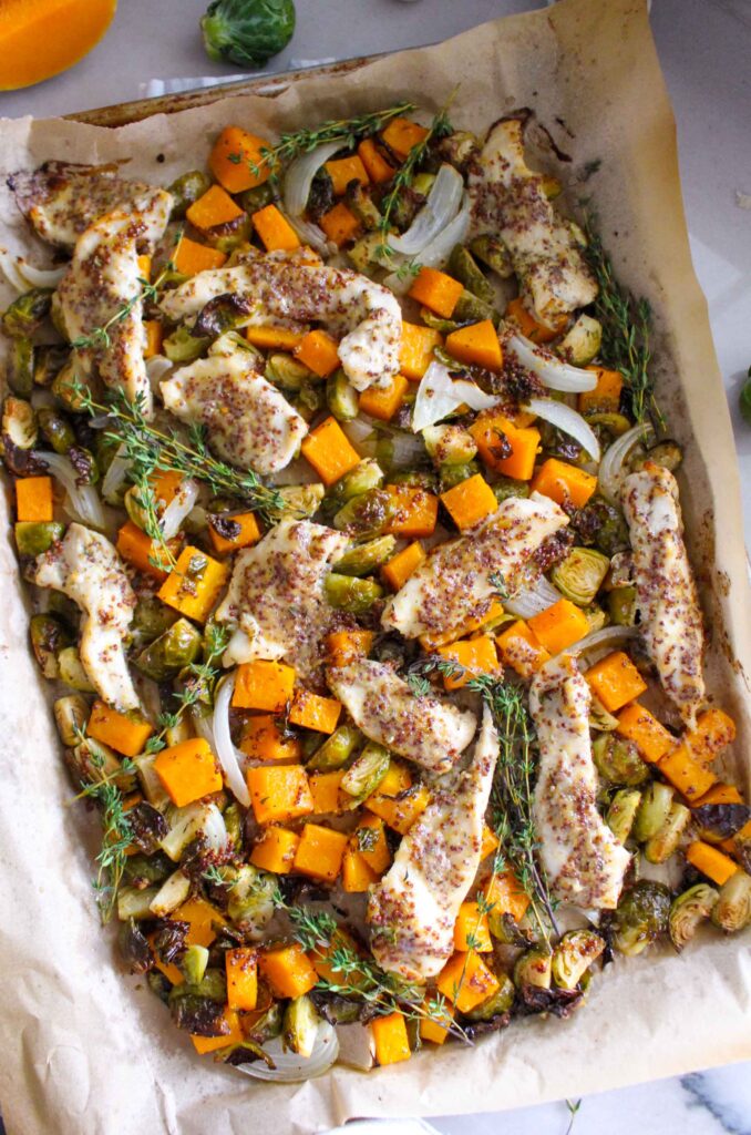 Sheet Pan Maple Dijon Chicken with Butternut Squash and Brussels Sprouts