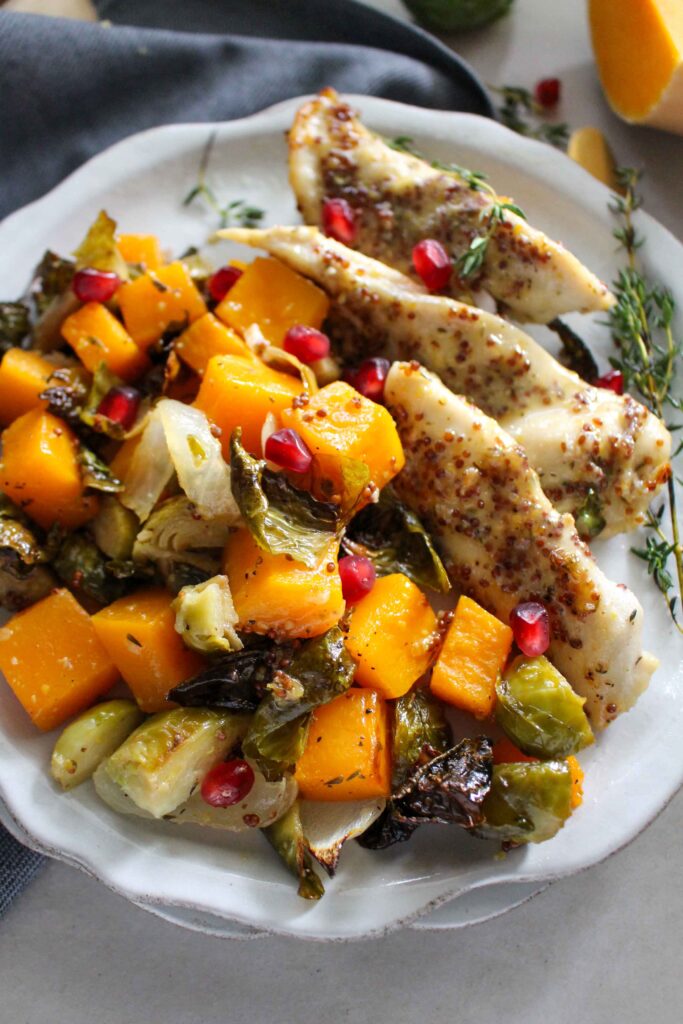 Sheet Pan Maple Dijon Chicken with Butternut Squash and Brussels Sprouts