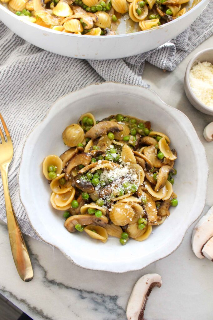Creamy One-Pot Mushroom Orecchiette Pasta with peas