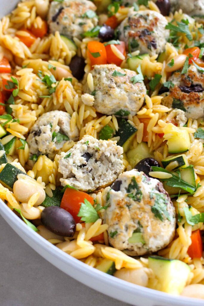 One Pan Mediterranean Chicken Meatballs with Orzo