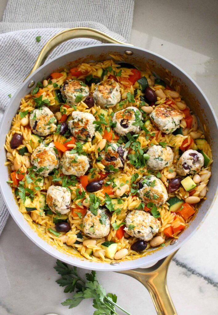 One Pan Mediterranean Chicken Meatballs with Orzo