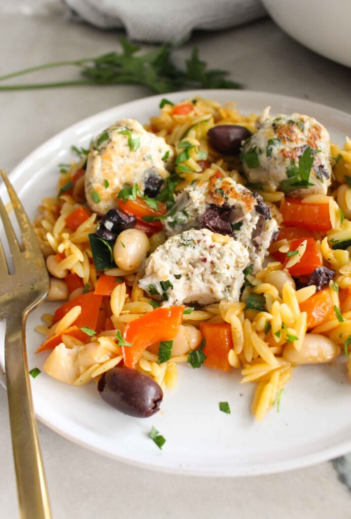 One Pan Mediterranean Chicken Meatballs with Orzo